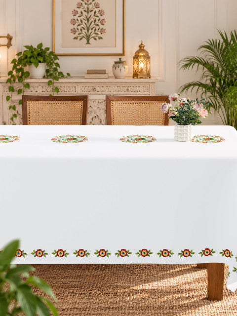 Homeloomers Floral Printed Cotton Table Cover with Traditional Red & Green Motifs | Elegant White Dining Tablecloth with Decorative Floral Border