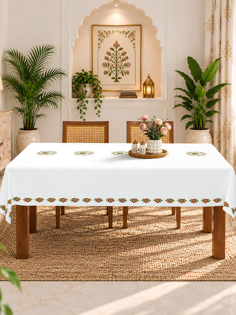 Homeloomers Floral Printed Cotton Table Cover with Traditional Red & Green Motifs | Elegant White Dining Tablecloth with Decorative Floral Border