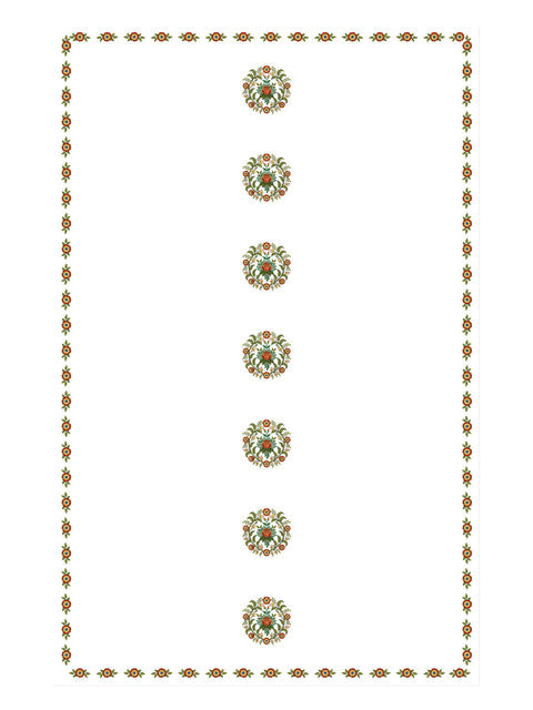 Homeloomers Floral Printed Cotton Table Cover with Traditional Red & Green Motifs | Elegant White Dining Tablecloth with Decorative Floral Border