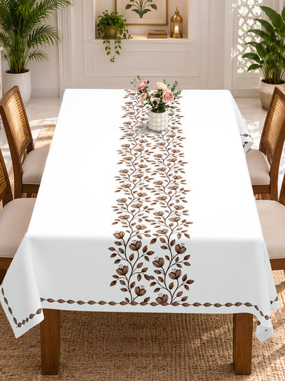 Homeloomers Floral Vine Table Cover | Ivory White with Brown Botanical Print | Rectangular Dining Table Cloth