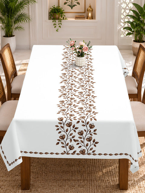 Homeloomers Floral Vine Table Cover | Ivory White with Brown Botanical Print | Rectangular Dining Table Cloth
