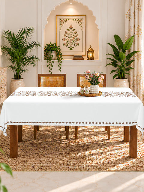 Homeloomers Floral Vine Table Cover | Ivory White with Brown Botanical Print | Rectangular Dining Table Cloth