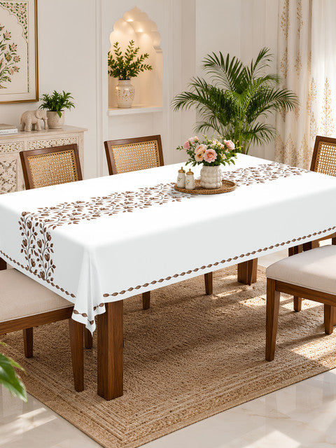 Homeloomers Floral Vine Table Cover | Ivory White with Brown Botanical Print | Rectangular Dining Table Cloth