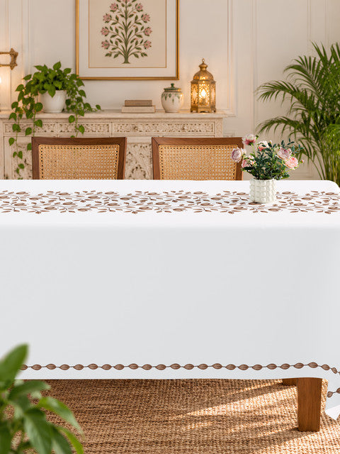 Homeloomers Floral Vine Table Cover | Ivory White with Brown Botanical Print | Rectangular Dining Table Cloth