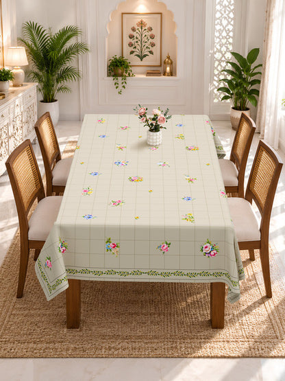 Homeloomers Floral Check Table Cover | Cream Beige with Rose Bouquet Print & Green Leaf Border | Rectangular Dining Table Cloth