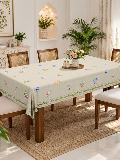 Homeloomers Floral Check Table Cover | Cream Beige with Rose Bouquet Print & Green Leaf Border | Rectangular Dining Table Cloth