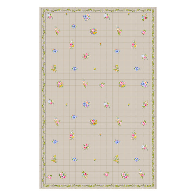 Homeloomers Floral Check Table Cover | Cream Beige with Rose Bouquet Print & Green Leaf Border | Rectangular Dining Table Cloth