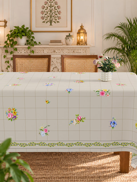 Homeloomers Floral Check Table Cover | Cream Beige with Rose Bouquet Print & Green Leaf Border | Rectangular Dining Table Cloth