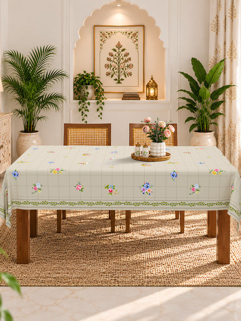 Homeloomers Floral Check Table Cover | Cream Beige with Rose Bouquet Print & Green Leaf Border | Rectangular Dining Table Cloth
