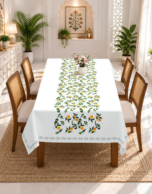 Homeloomers Citrus Print Table Cover | White with Lemon & Orange Leaf Design | Rectangular Dining Table Cloth