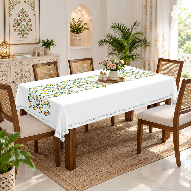 Homeloomers Citrus Print Table Cover | White with Lemon & Orange Leaf Design | Rectangular Dining Table Cloth