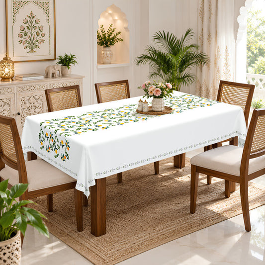 Homeloomers Citrus Print Table Cover | White with Lemon & Orange Leaf Design | Rectangular Dining Table Cloth