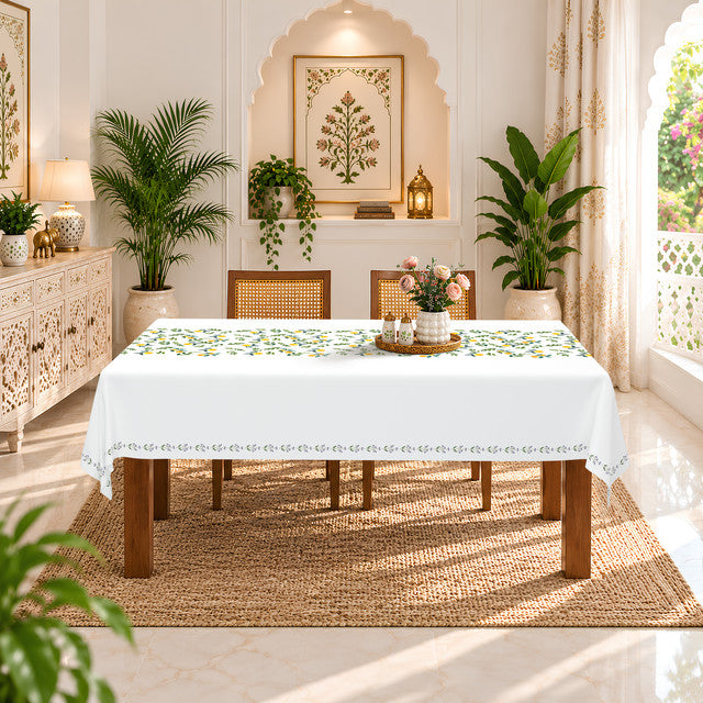 Homeloomers Citrus Print Table Cover | White with Lemon & Orange Leaf Design | Rectangular Dining Table Cloth
