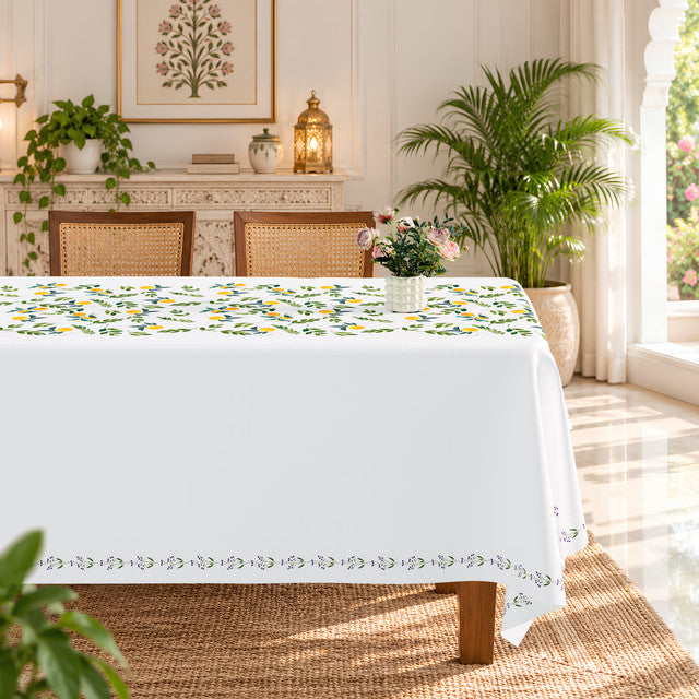 Homeloomers Citrus Print Table Cover | White with Lemon & Orange Leaf Design | Rectangular Dining Table Cloth