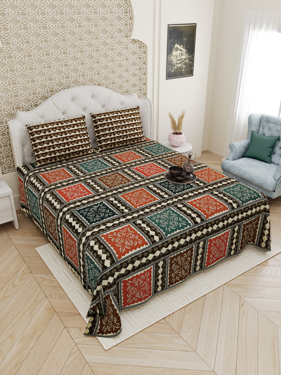 Orange_Bagru_Gold_Bedsheet