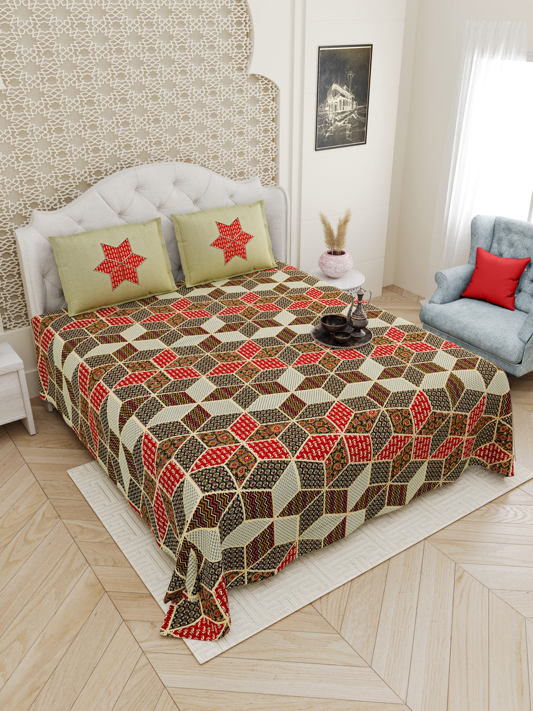 Orange_Cerulene_Bagru_Gold_Pure_Cotton_Bedsheet