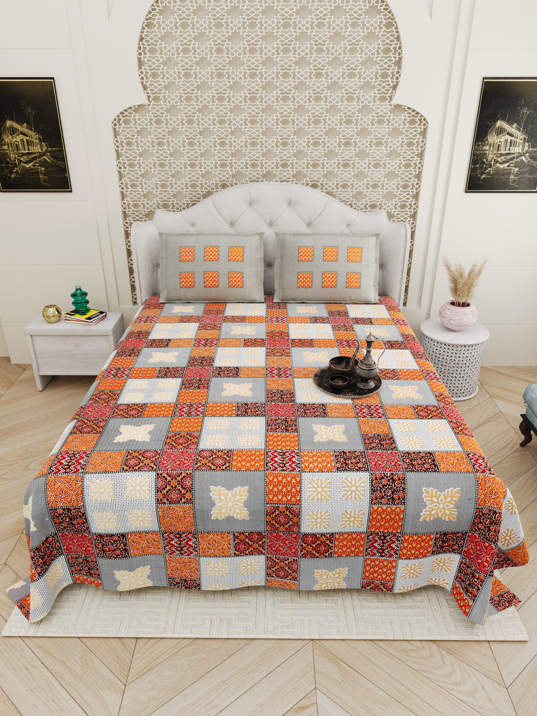 Orange_Bagru_Block_Bedsheet