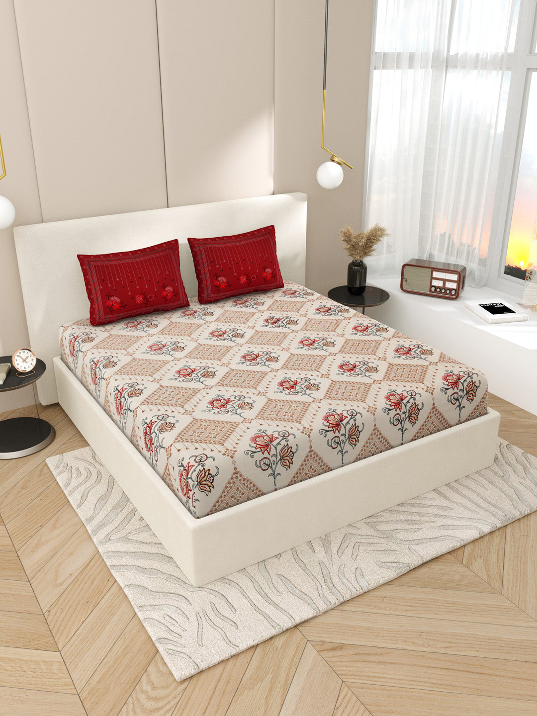 Rosy_Red_Floral_Bedsheet_With_Pillow_Covers